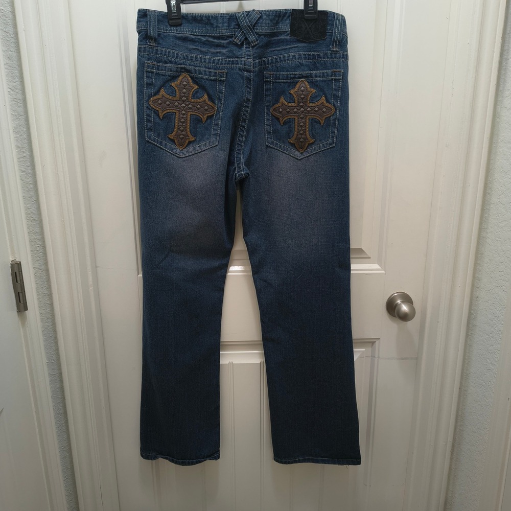Xtreme Couture Mens Blue Studded Cross Straight Leg‎ Jeans Y2K 34x32